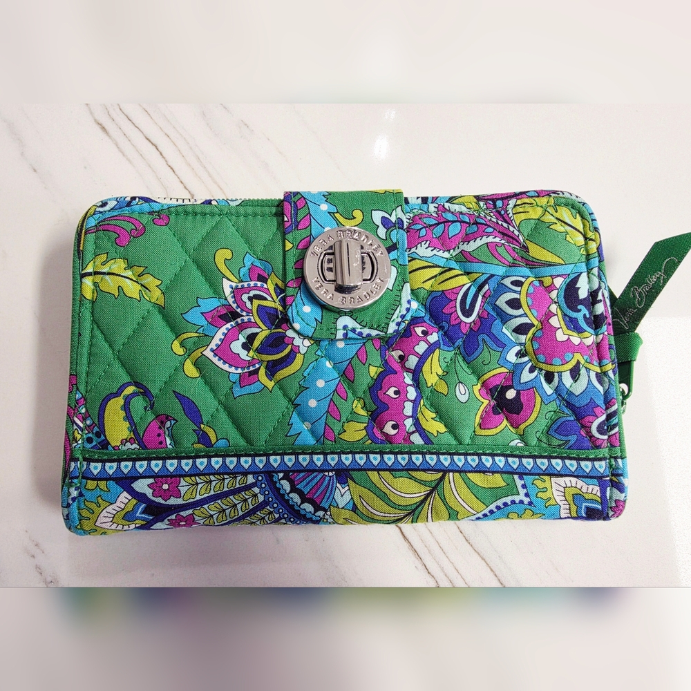 Vera Bradley Green and Blue Quilted Wallet Like New